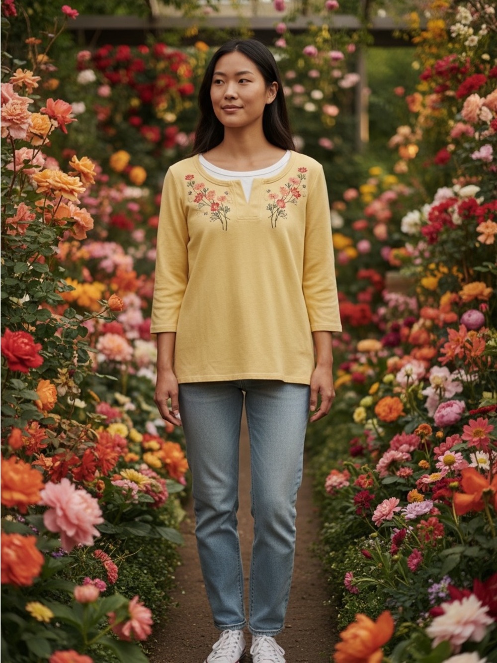 Yellow knit Top with white inset and red and orange flowered Embroidery